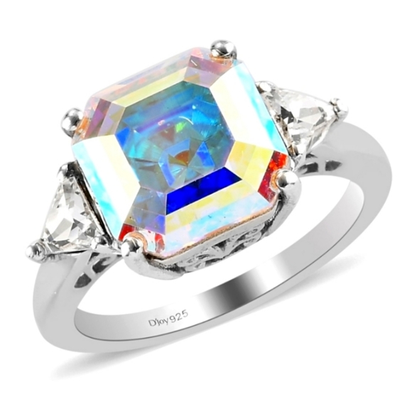 Swarovski Crystal Aurora Borealis, Emerald Cut Ring 925 Solid Sterling Silver. 8 - Picture 7 of 8